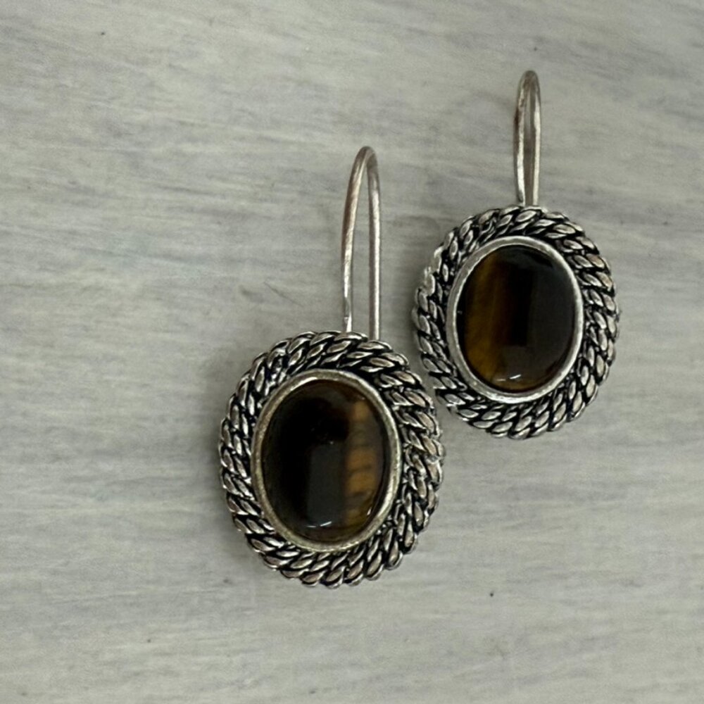 Vintage Avon Silvertone Tiger's Eye Earrings, Pierced,  Wire Closure - Picture 2 of 5